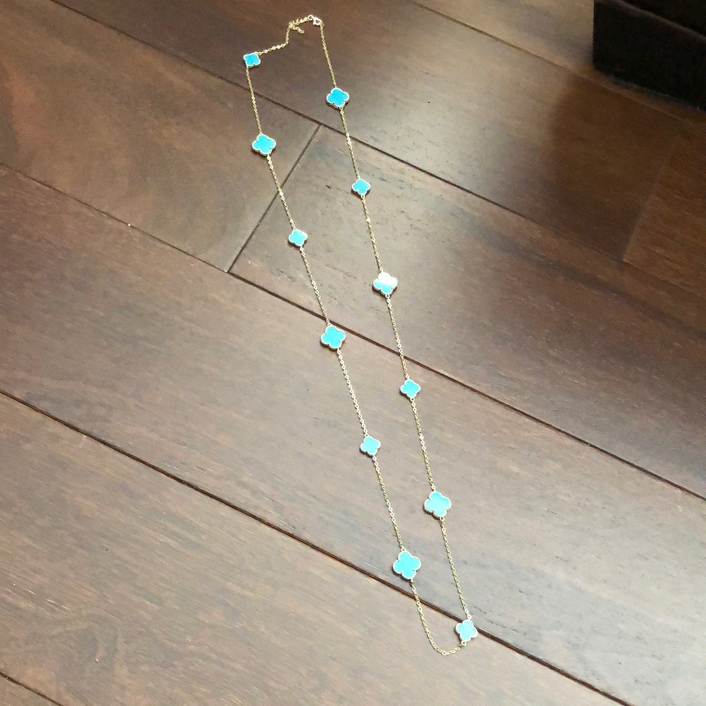 Genuine NWT turquoise clover station necklace on long gold over sterling chain - Picture 6 of 10